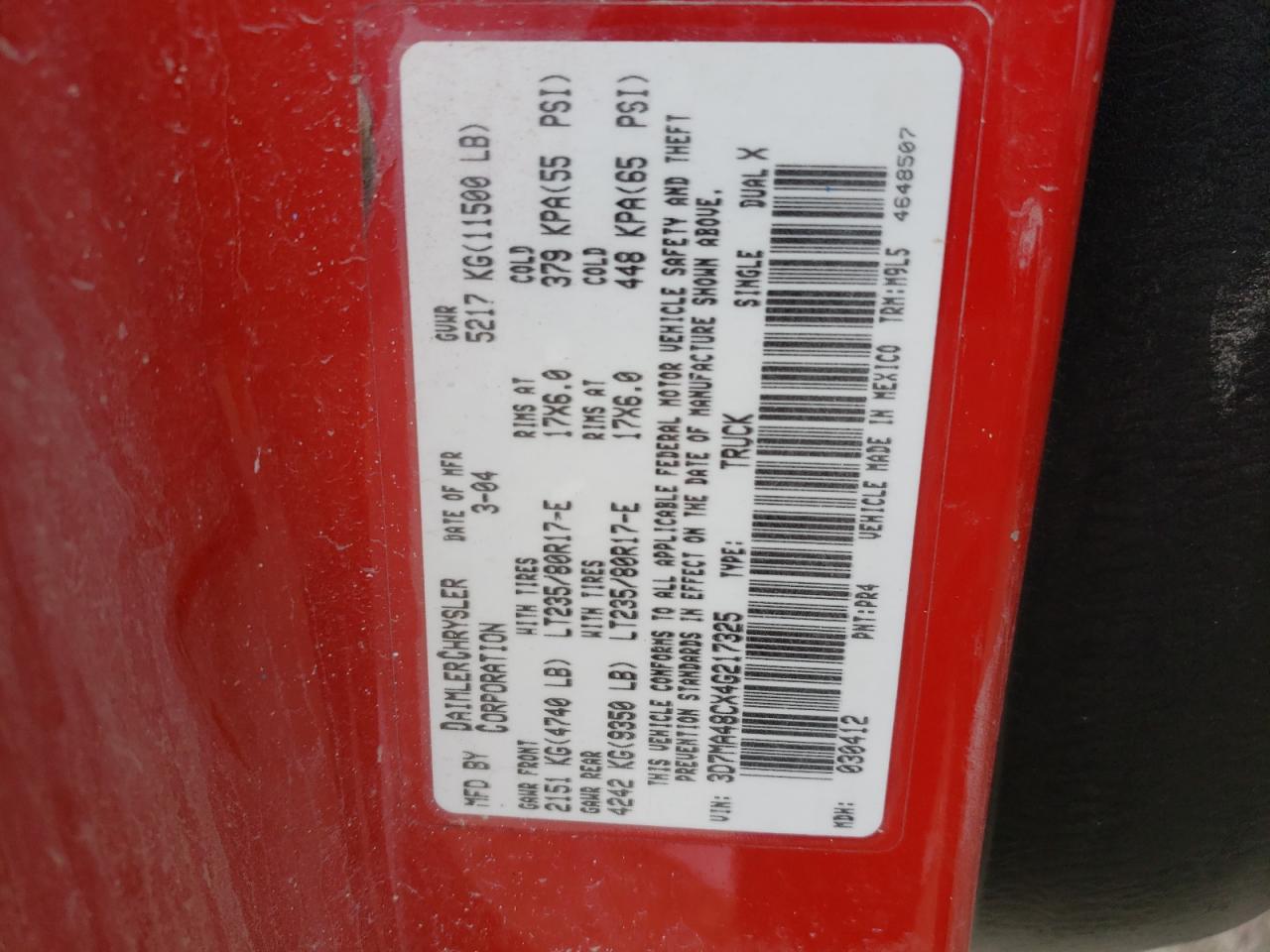 Photo 10 from auction – 2004 DODGE RAM 3500 S with VIN 3D7MA48CX4G217325