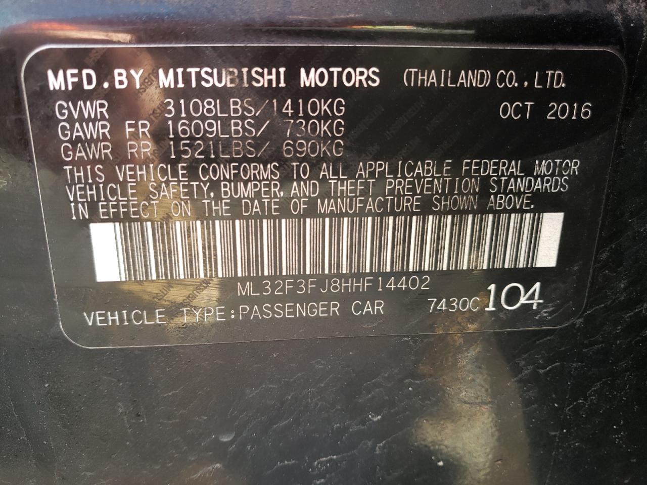 Photo 10 from auction – 2017 MITSUBISHI MIRAGE G4 with VIN ML32F3FJ8HHF14402