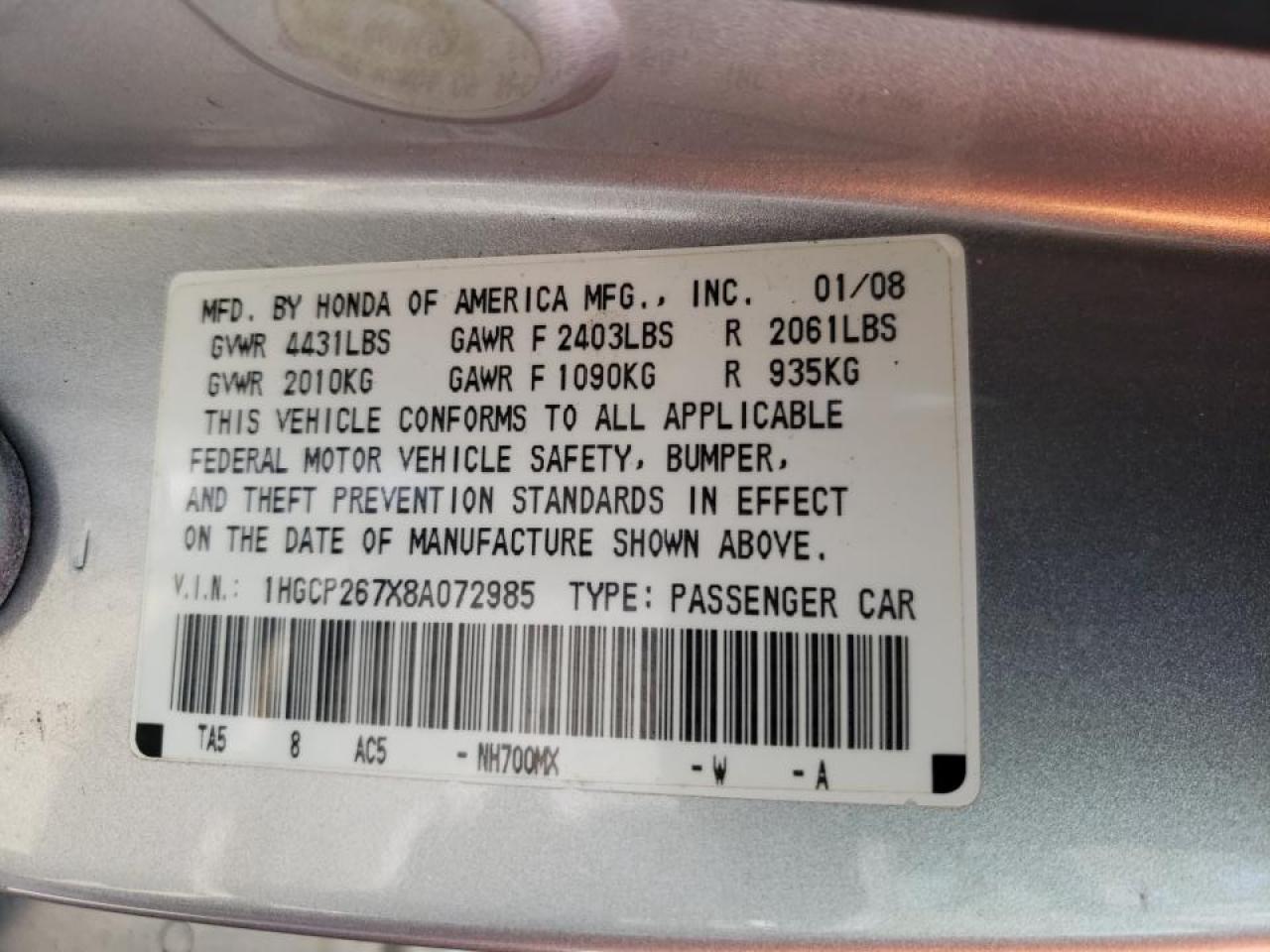Photo 10 from auction – 2008 HONDA ACCORD EX with VIN 1HGCP267X8A072985