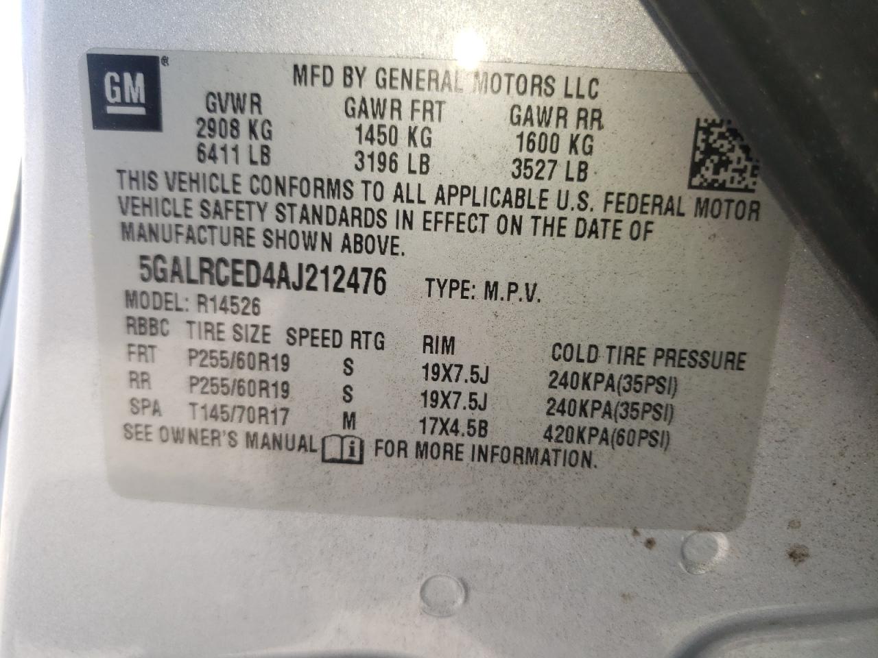 Photo 10 from auction – 2010 BUICK ENCLAVE CX with VIN 5GALRCED4AJ212476