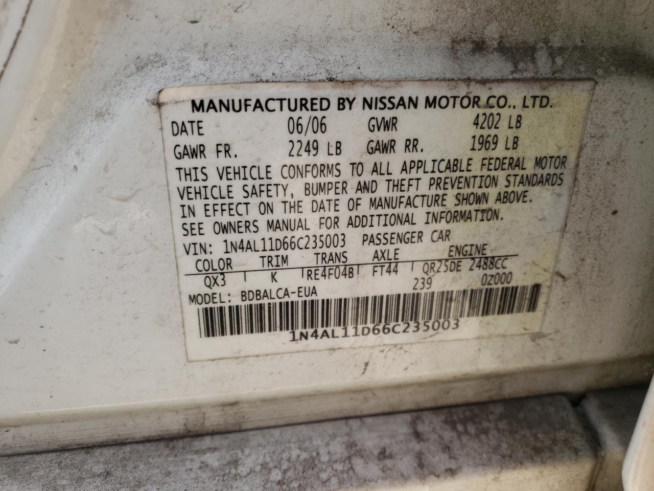 Photo 10 from auction – 2006 NISSAN ALTIMA S with VIN 1N4AL11D66C235003