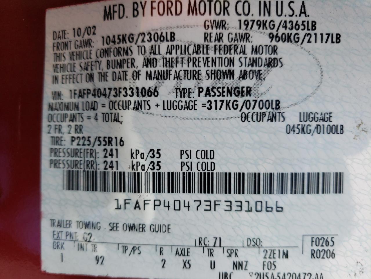 Photo 10 from auction – 2003 FORD MUSTANG with VIN 1FAFP40473F331066