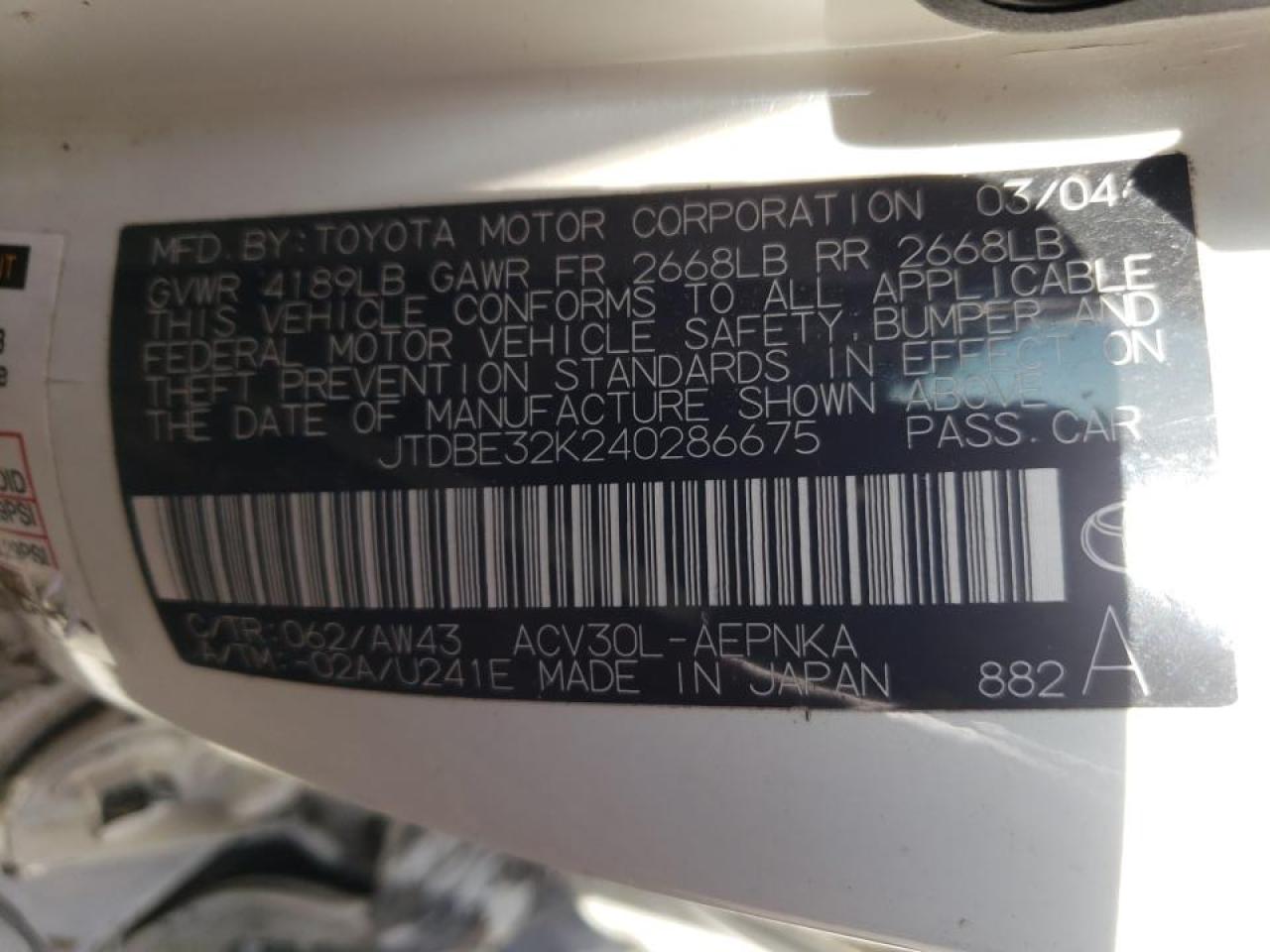 Photo 10 from auction – 2004 TOYOTA UK with VIN JTDBE32K240286675