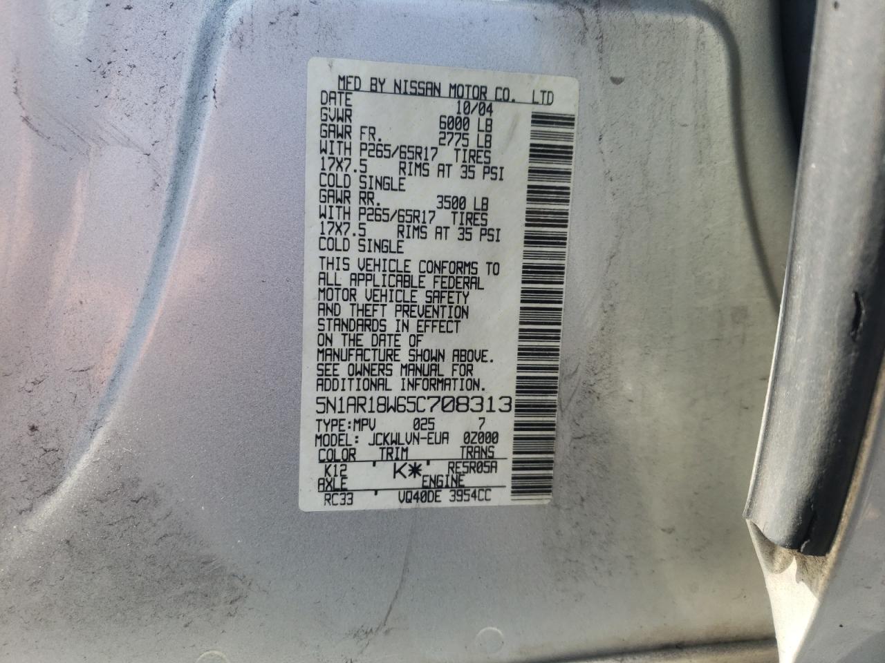 Photo 10 from auction – 2005 NISSAN PATHFINDER with VIN 5N1AR18W65C708313