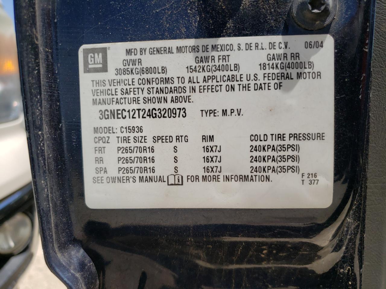 Photo 10 from auction – 2004 CHEVROLET AVALANCHE with VIN 3GNEC12T24G320973