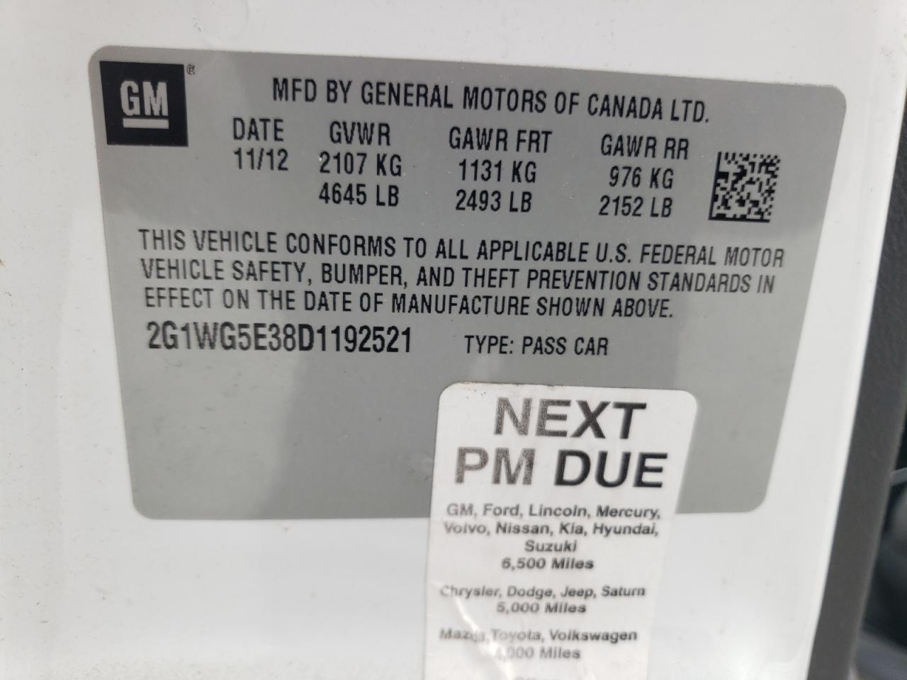 Photo 10 from auction – 2013 CHEVROLET IMPALA LT with VIN 2G1WG5E38D1192521