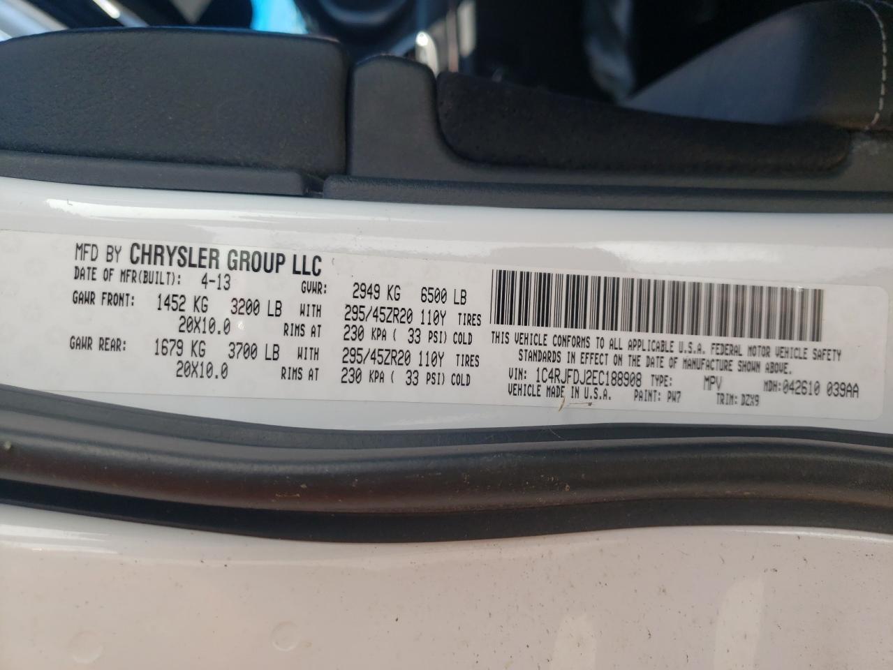 Photo 10 from auction – 2014 JEEP GRAND CHER with VIN 1C4RJFDJ2EC188908