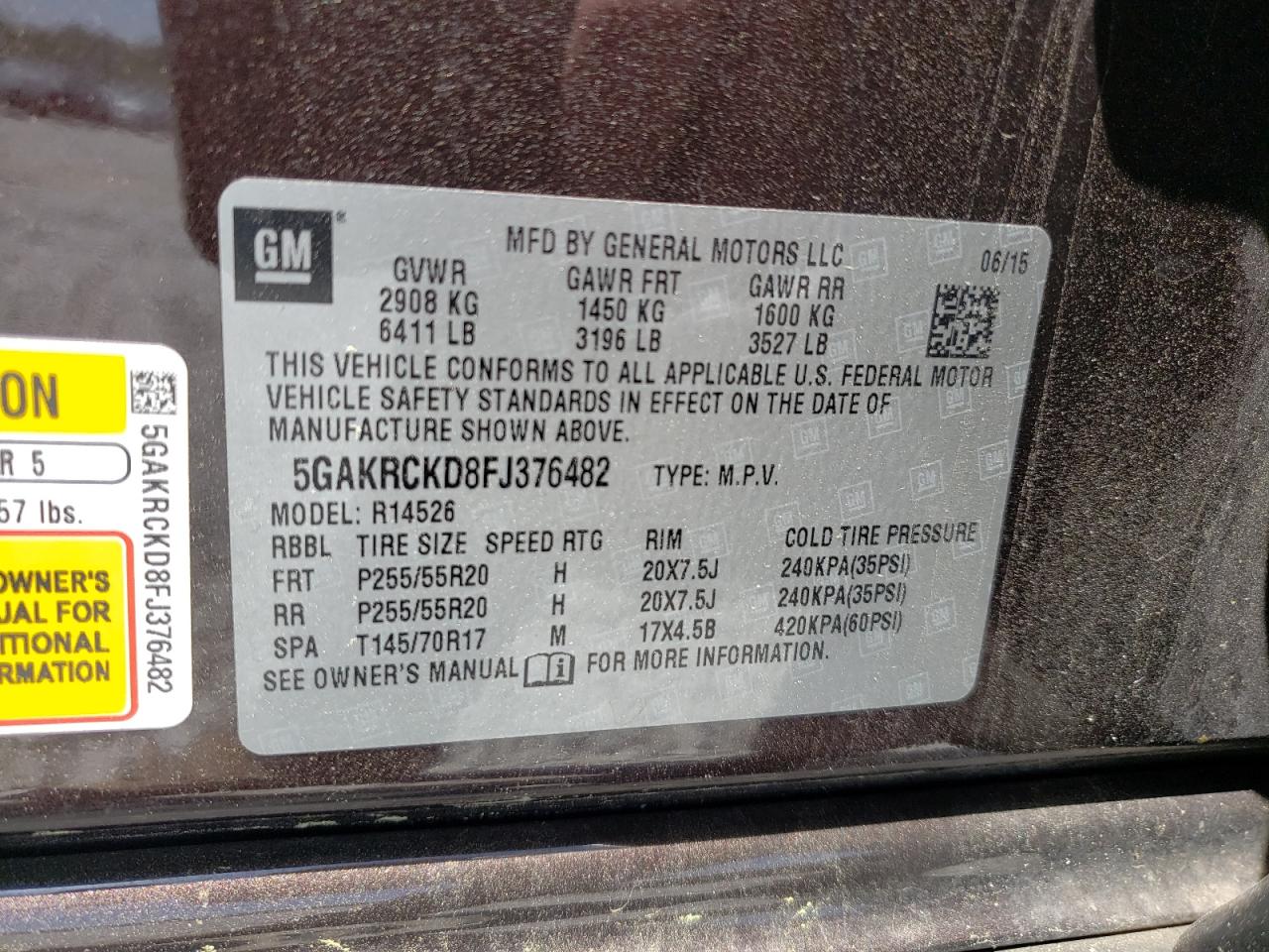 Photo 10 from auction – 2015 BUICK ENCLAVE with VIN 5GAKRCKD8FJ376482