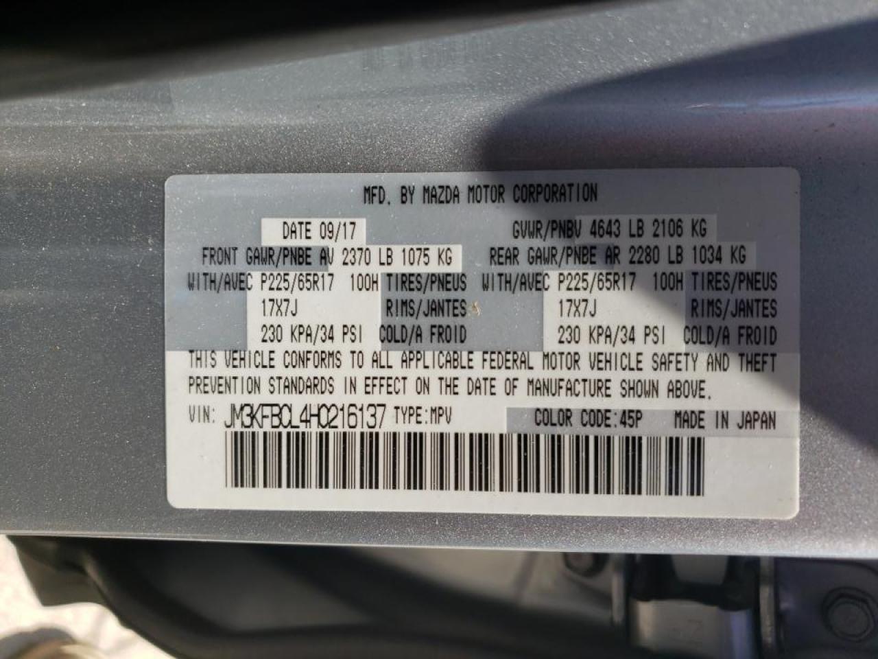 Photo 20 from auction – 2017 MAZDA CX-5 TOURI with VIN JM3KFBCL4H0216137