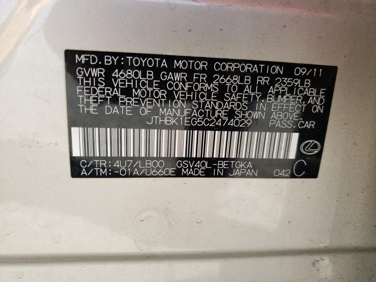 Photo 10 from auction – 2012 LEXUS ES 350 with VIN JTHBK1EG5C2474029