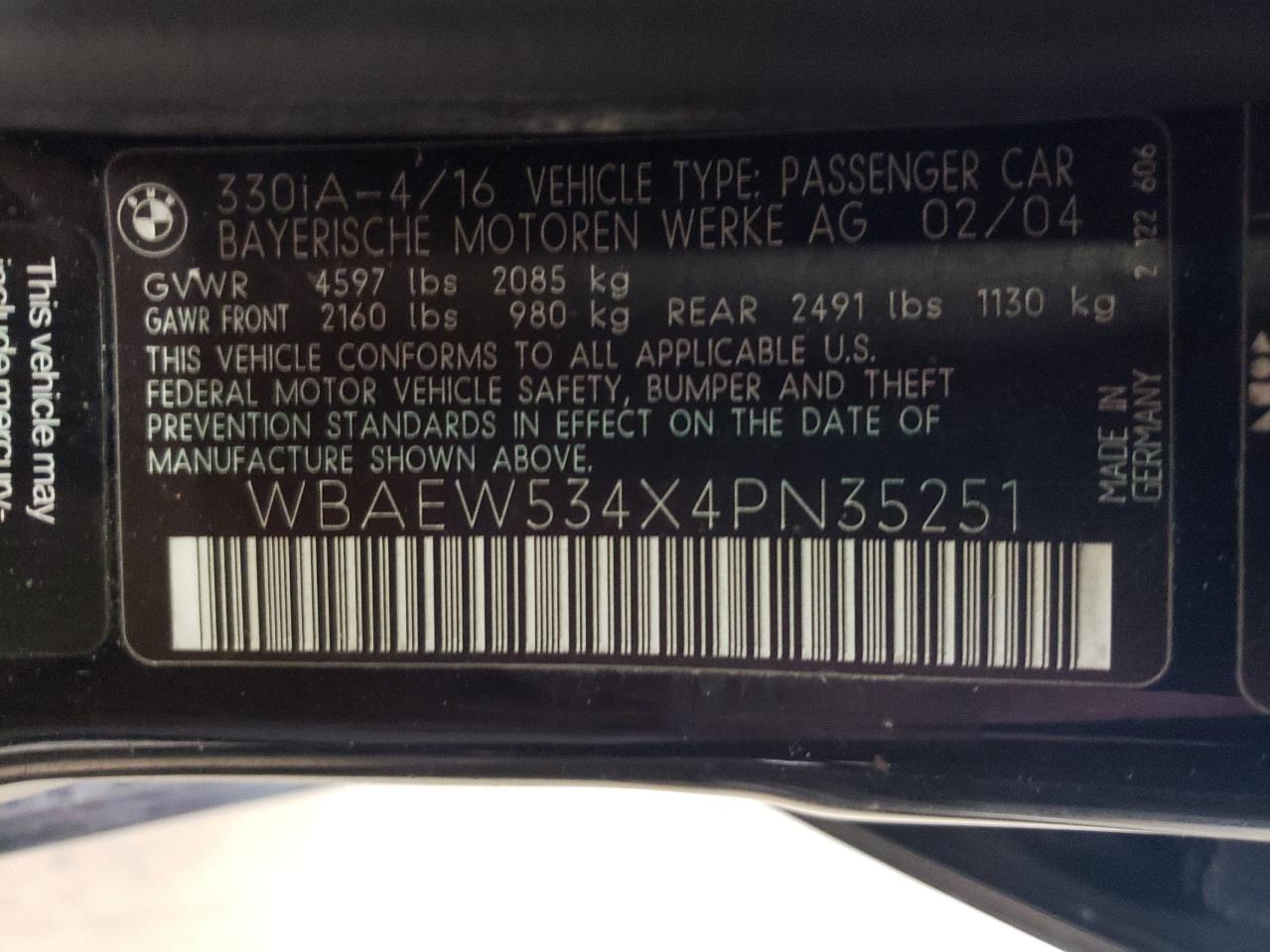 Photo 10 from auction – 2004 BMW 330XI with VIN WBAEW534X4PN35251