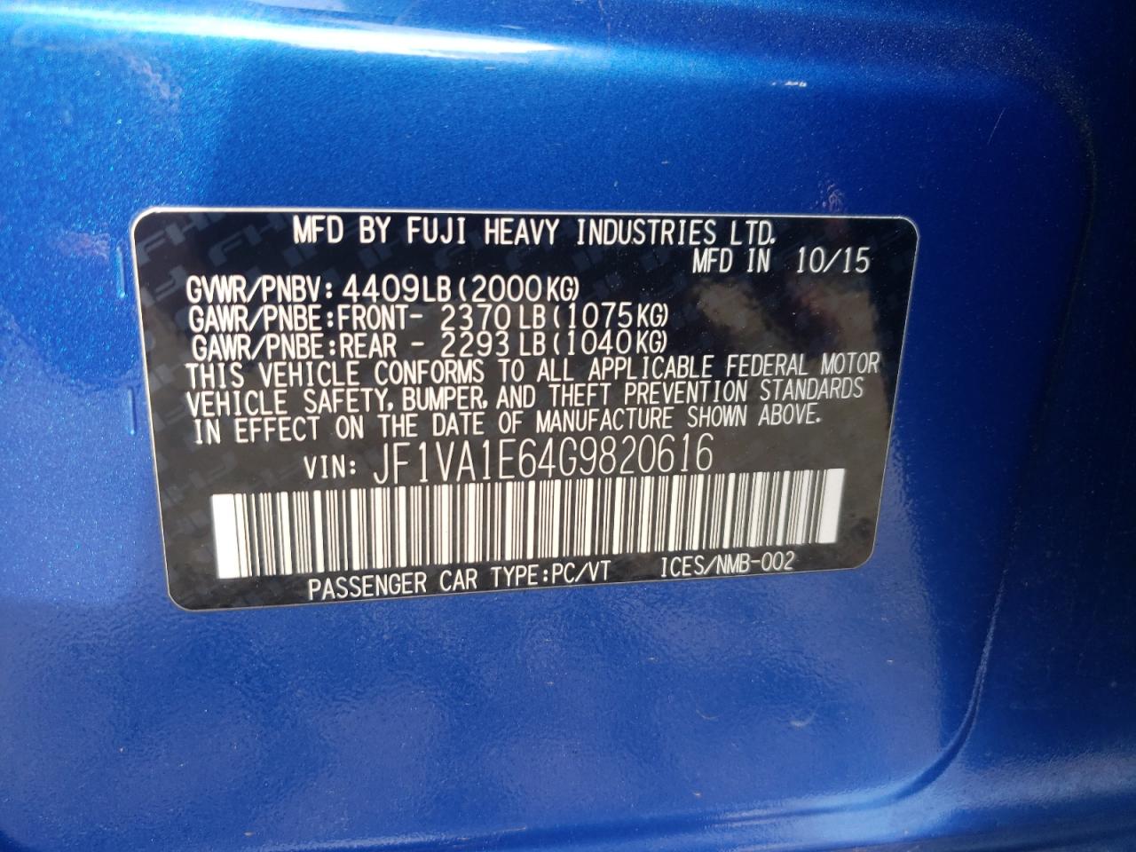 Photo 20 from auction – 2016 SUBARU WRX PREMIU with VIN JF1VA1E64G9820616