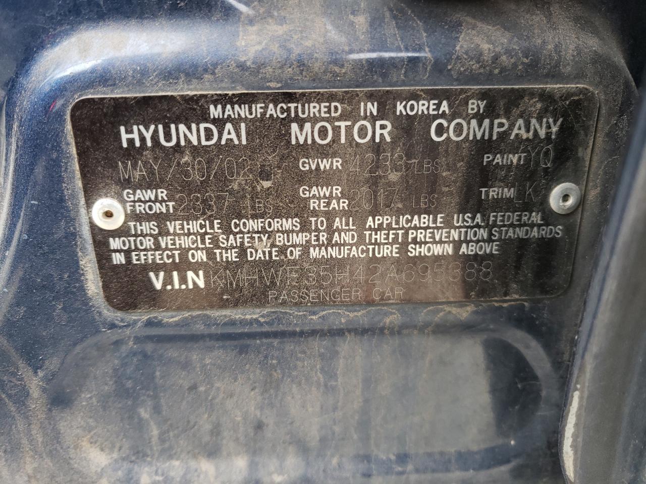 Photo 10 from auction – 2002 HYUNDAI SONATA GLS with VIN KMHWF35H42A695388
