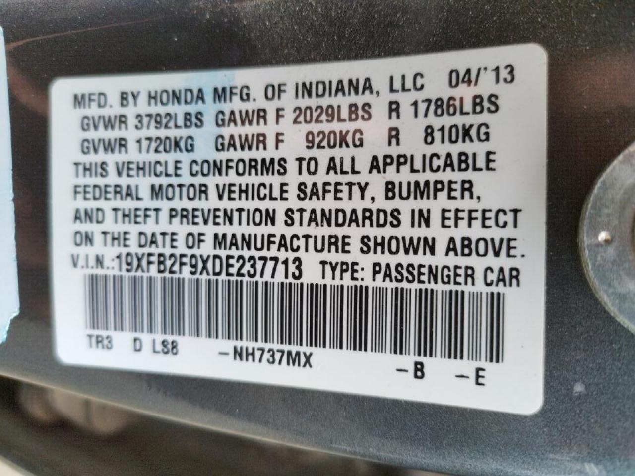 Photo 10 from auction – 2013 HONDA CIVIC EXL with VIN 19XFB2F9XDE237713