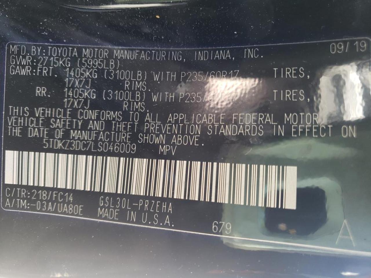 Photo 10 from auction – 2020 TOYOTA SIENNA LE with VIN 5TDKZ3DC7LS046009