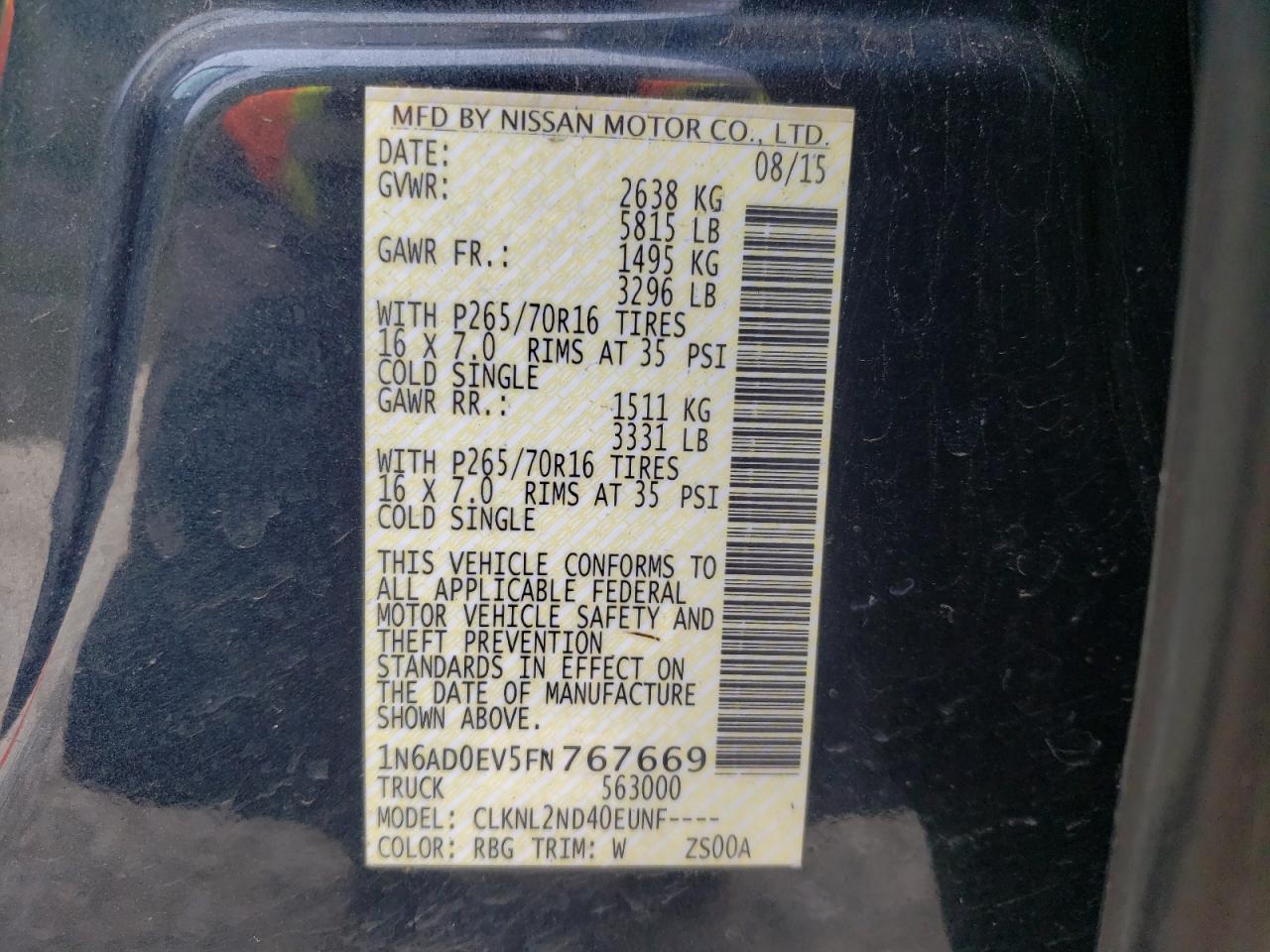Photo 10 from auction – 2015 NISSAN FRONTIER S with VIN 1N6AD0EV5FN767669
