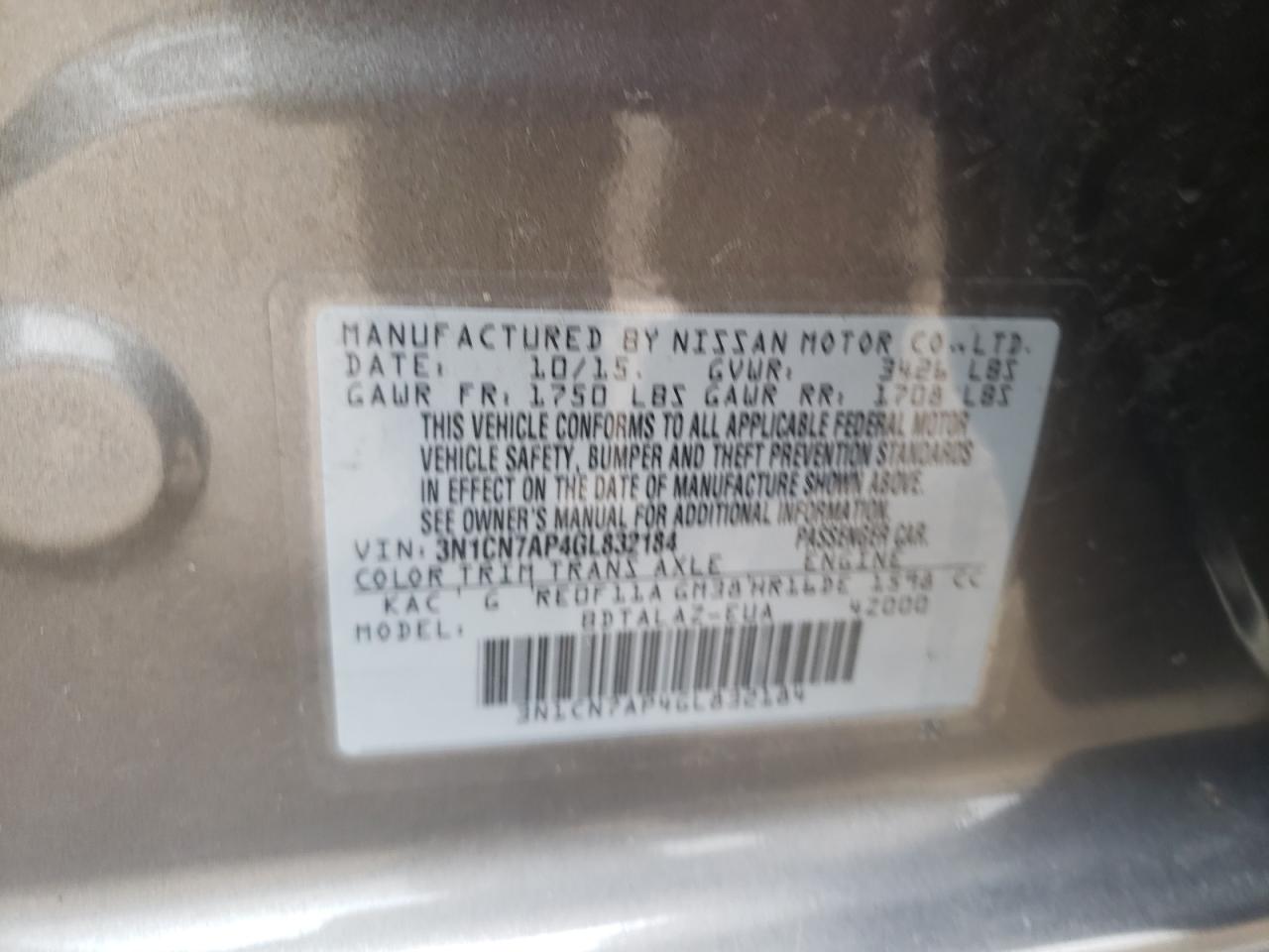 Photo 10 from auction – 2016 NISSAN VERSA S with VIN 3N1CN7AP4GL832184