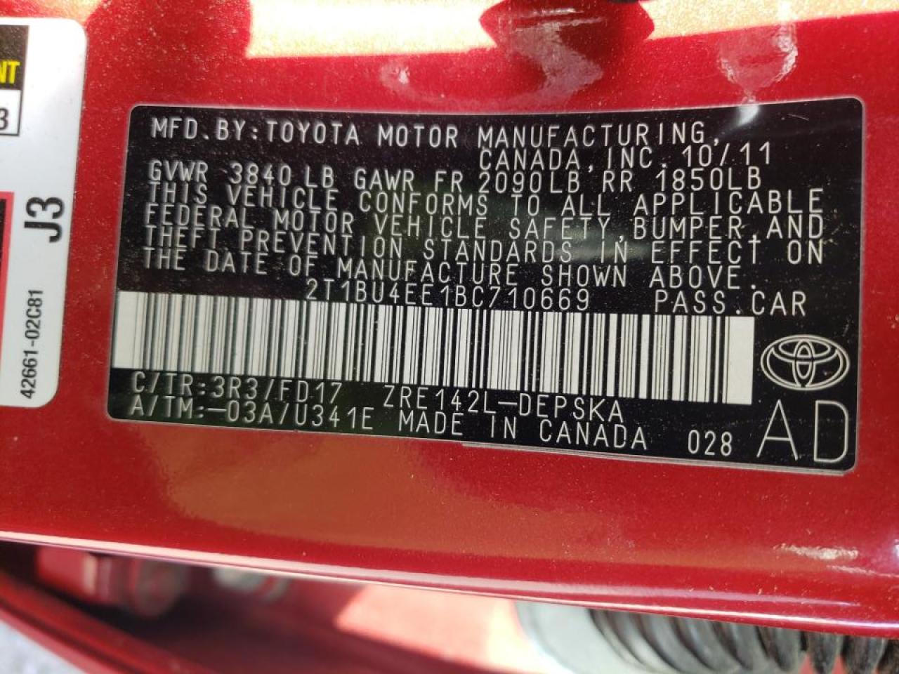 Photo 10 from auction – 2011 TOYOTA COROLLA SE with VIN 2T1BU4EE1BC710669