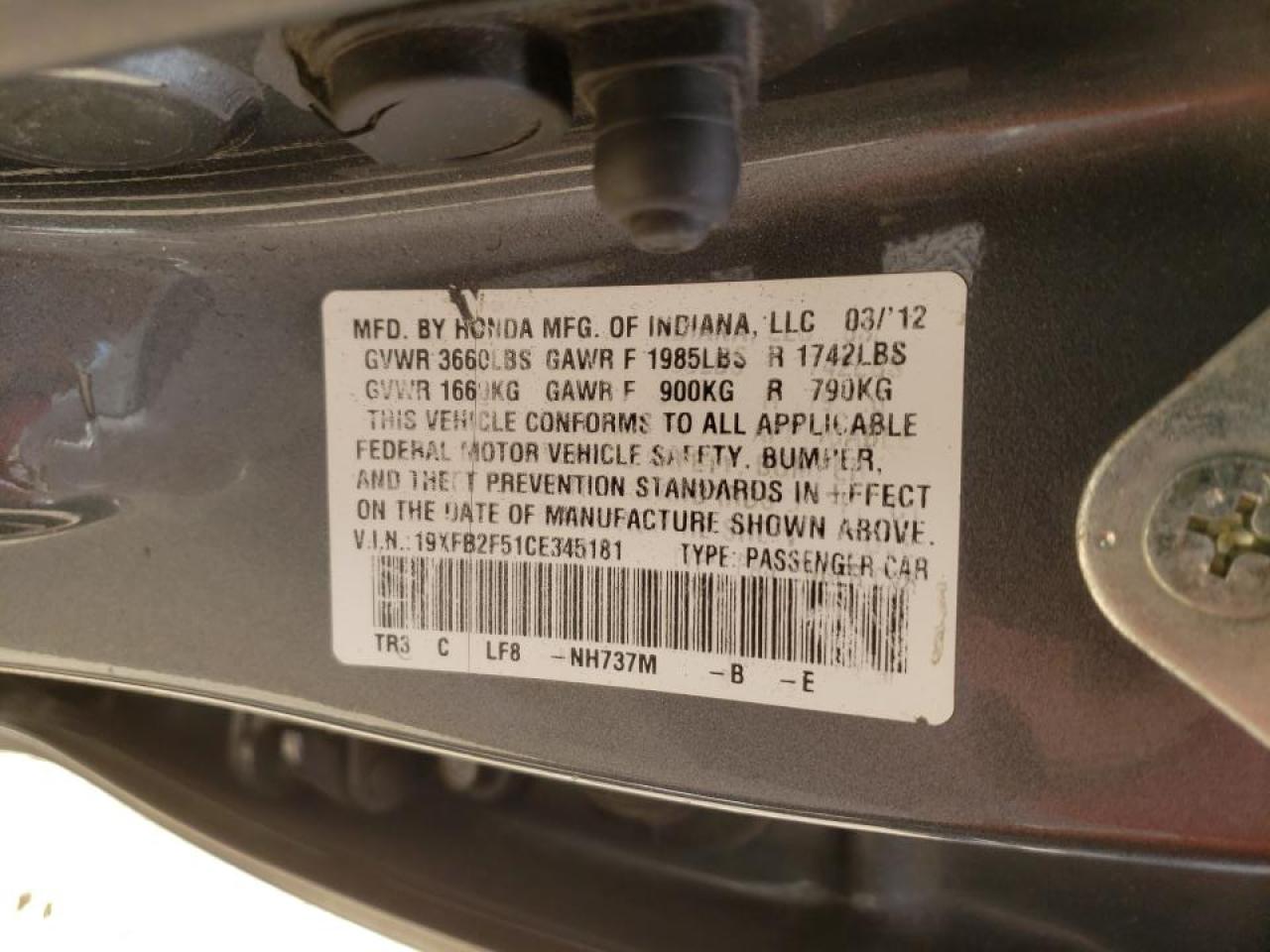 Photo 10 from auction – 2012 HONDA CIVIC LX with VIN 19XFB2F51CE345181