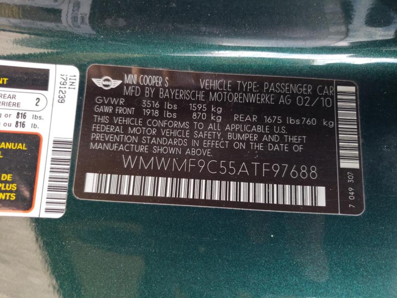 Photo 10 from auction – 2010 MINI COOPER SPO with VIN WMWMF9C55ATF97688
