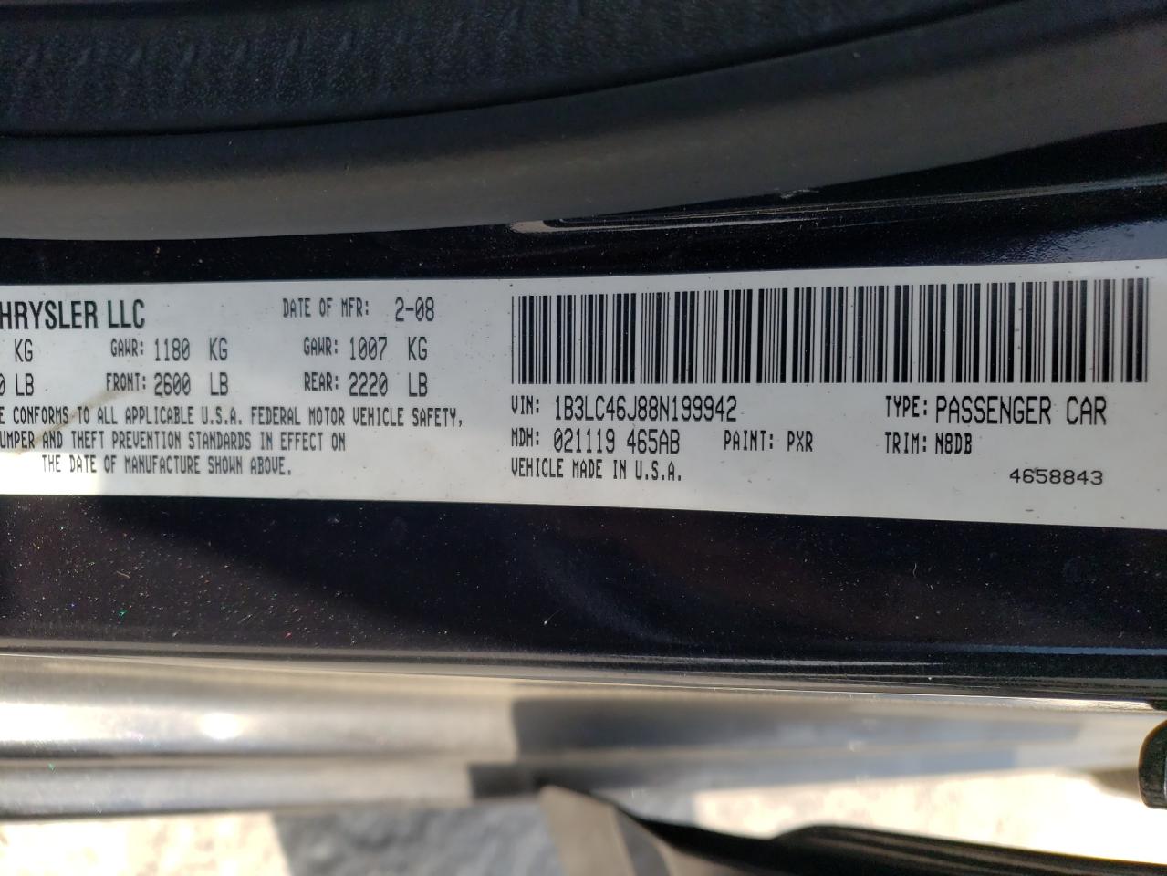 Photo 10 from auction – 2008 DODGE AVENGER SE with VIN 1B3LC46J88N199942