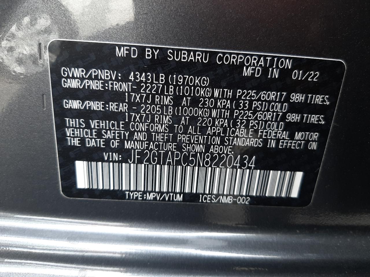 Photo 10 from auction – 2022 SUBARU CROSSTREK with VIN JF2GTAPC5N8220434