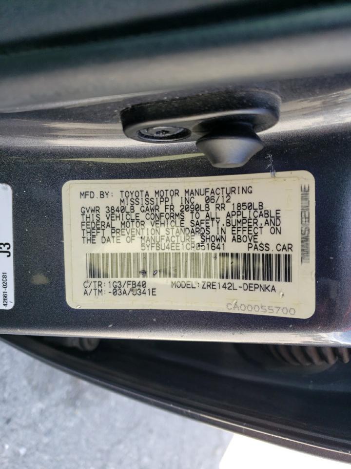 Photo 10 from auction – 2012 TOYOTA COROLLA BA with VIN 5YFBU4EE1CP051641