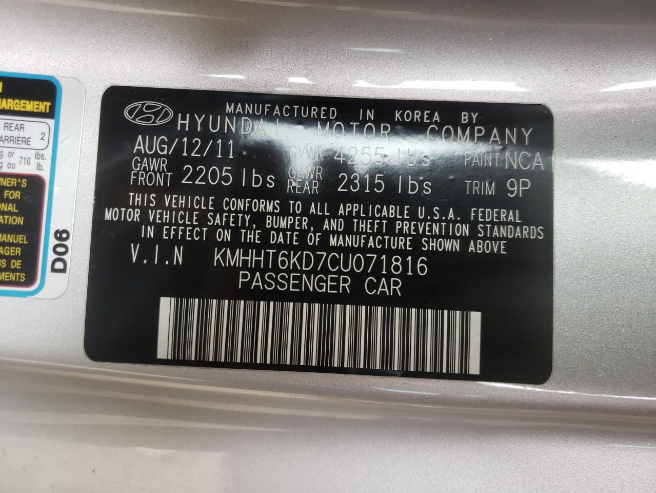 Photo 10 from auction – 2012 HYUNDAI GENESIS CO with VIN KMHHT6KD7CU071816