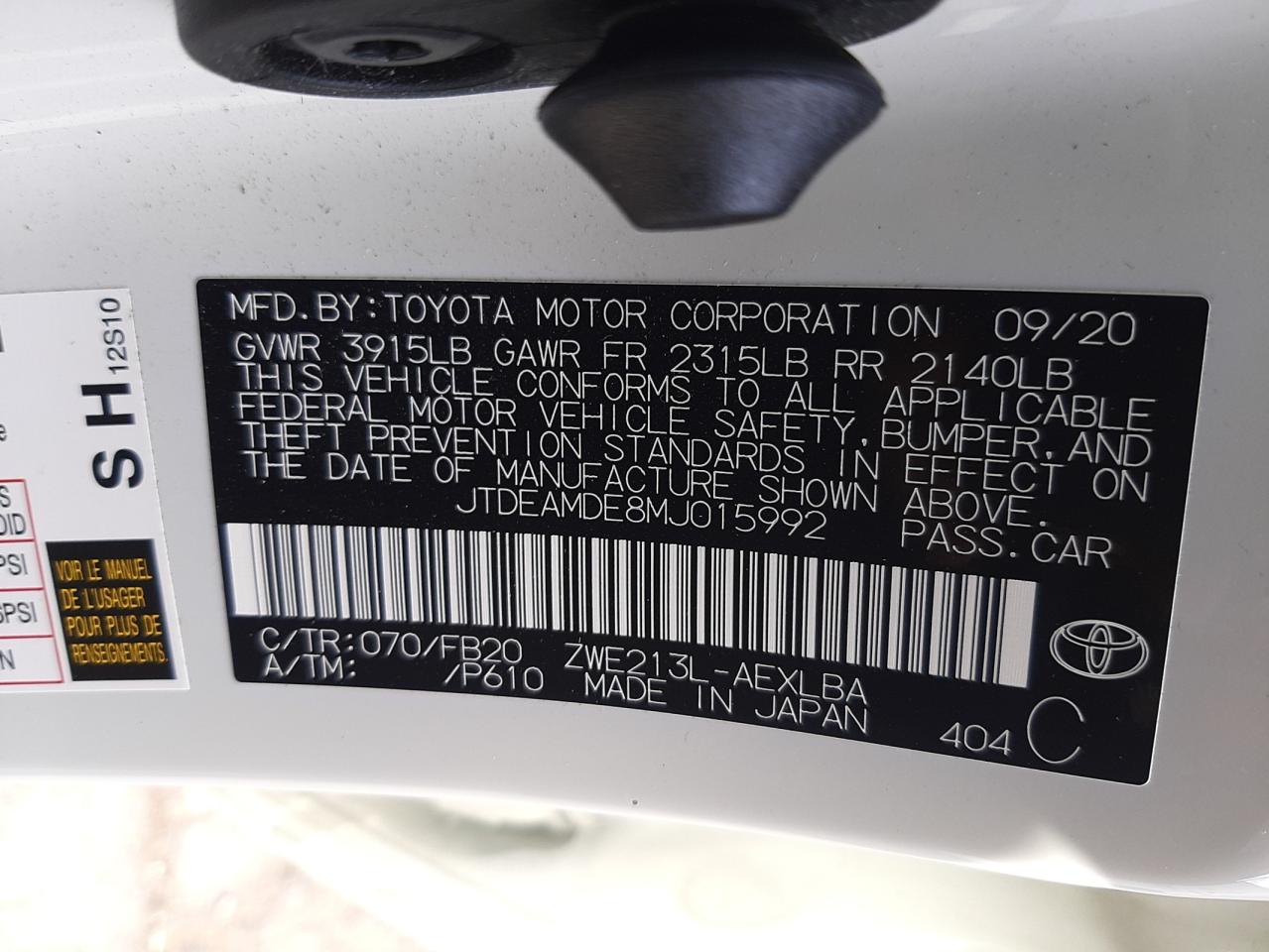 Photo 10 from auction – 2021 TOYOTA COROLLA LE with VIN JTDEAMDE8MJ015992