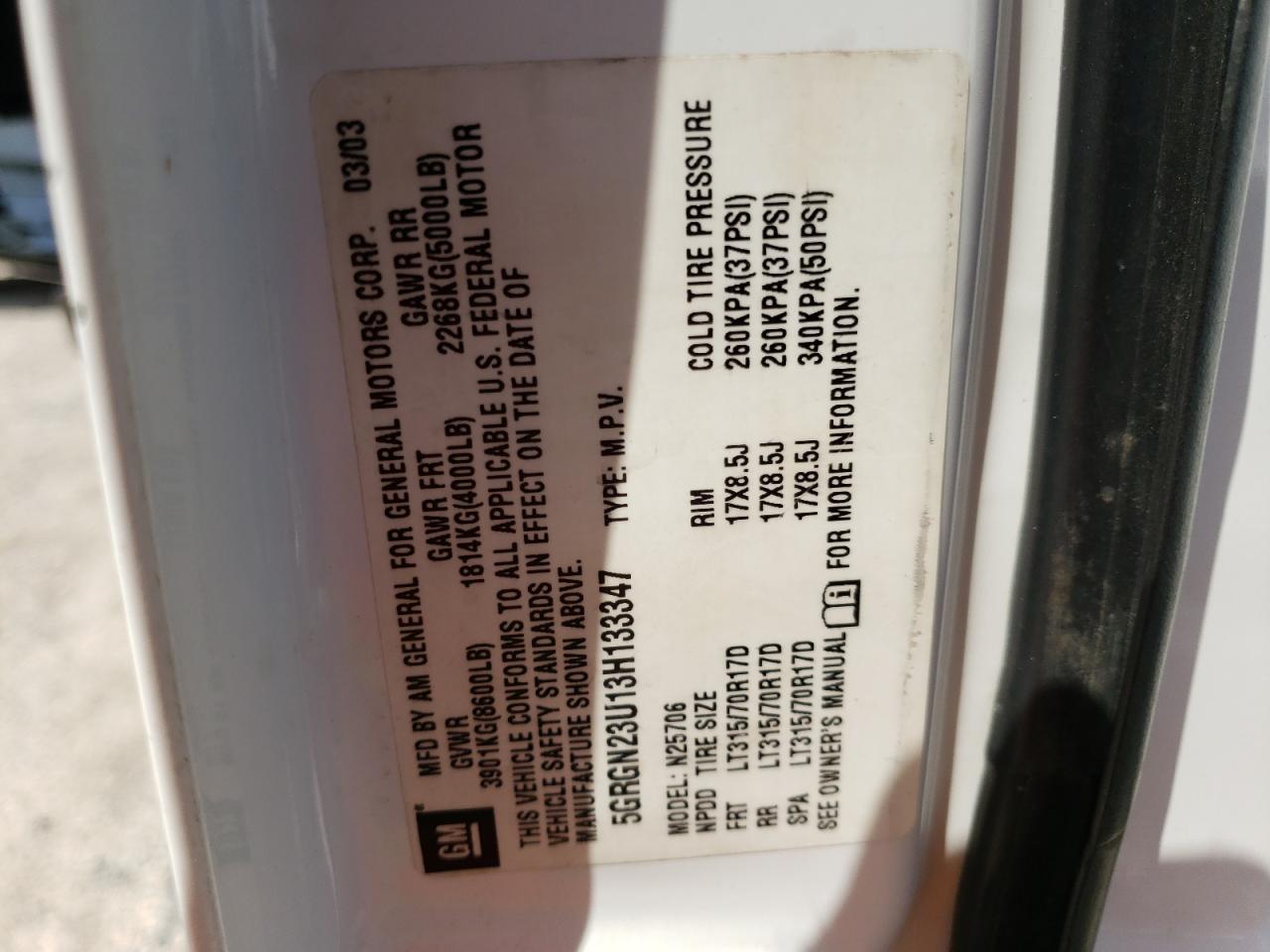Photo 10 from auction – 2003 HUMMER H2 with VIN 5GRGN23U13H133347