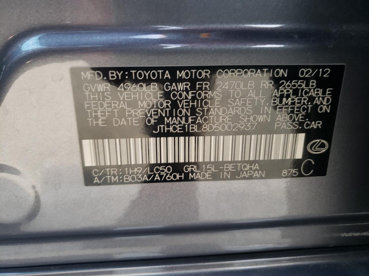 Photo 10 from auction – 2013 LEXUS GS 350 with VIN JTHCE1BL8D5002937