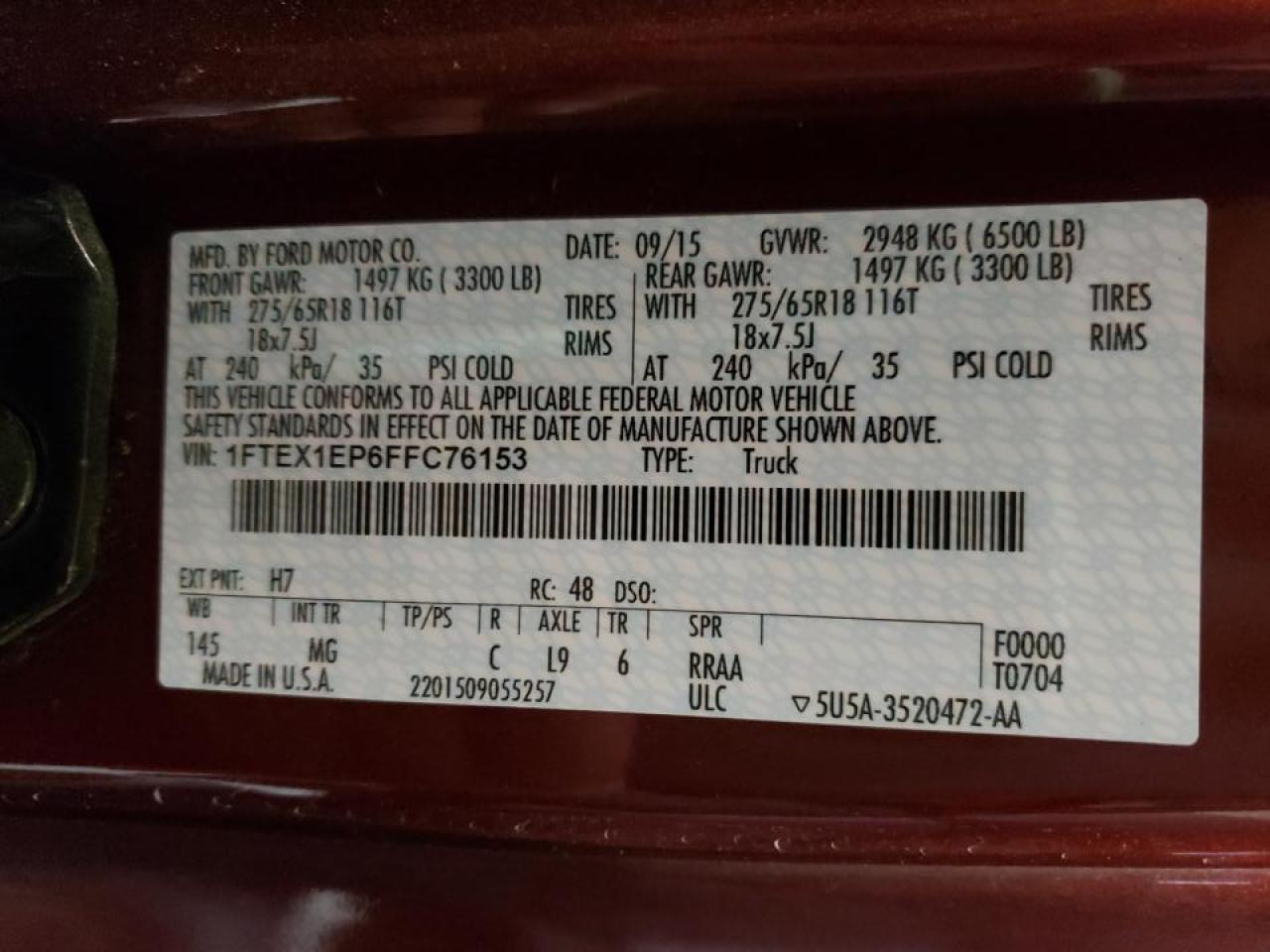 Photo 10 from auction – 2015 FORD F150 SUPER with VIN 1FTEX1EP6FFC76153
