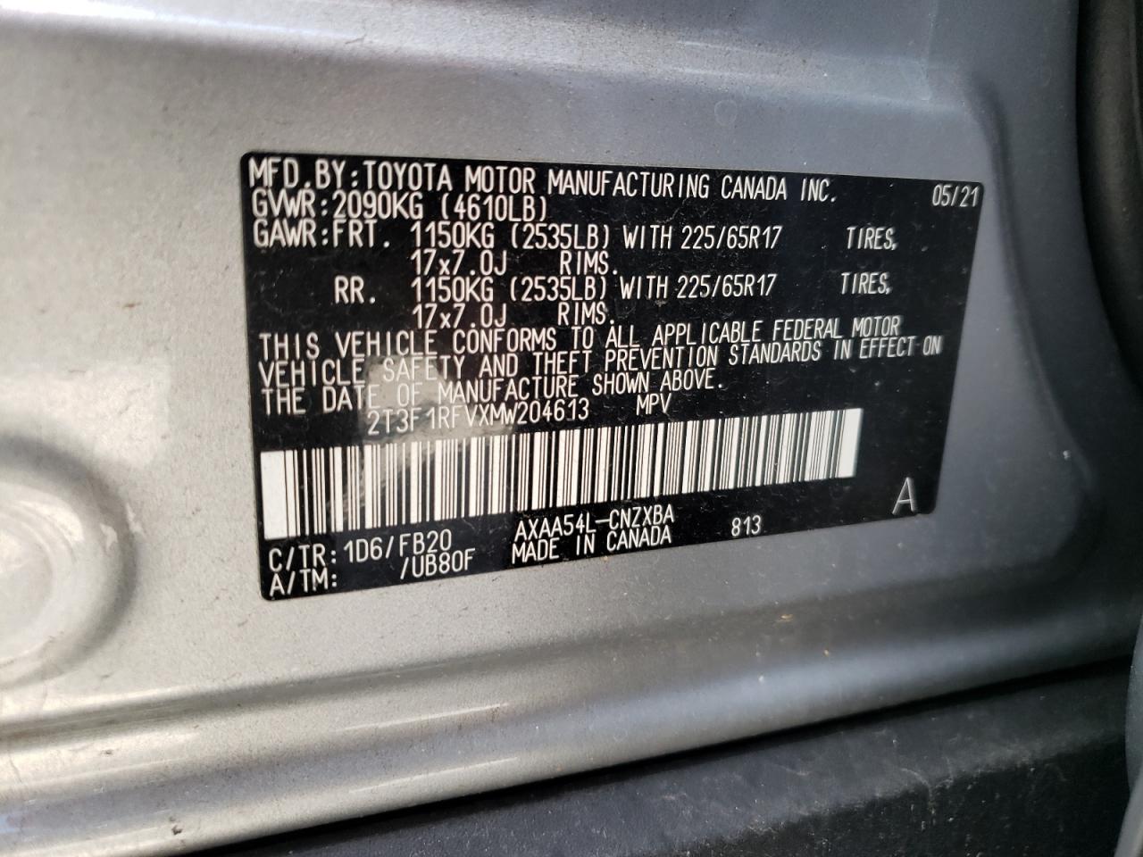 Photo 11 from auction – 2021 TOYOTA RAV4 LE with VIN 2T3F1RFVXMW204613
