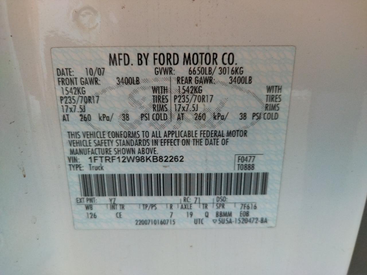 Photo 10 from auction – 2008 FORD F150 with VIN 1FTRF12W98KB82262