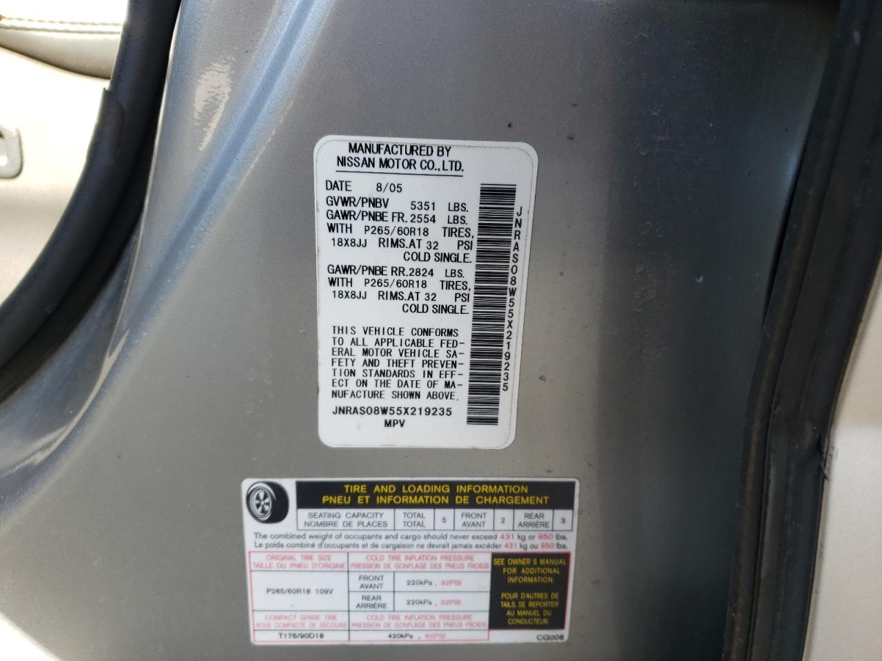 Photo 10 from auction – 2005 INFINITI FX35 with VIN JNRAS08W55X219235