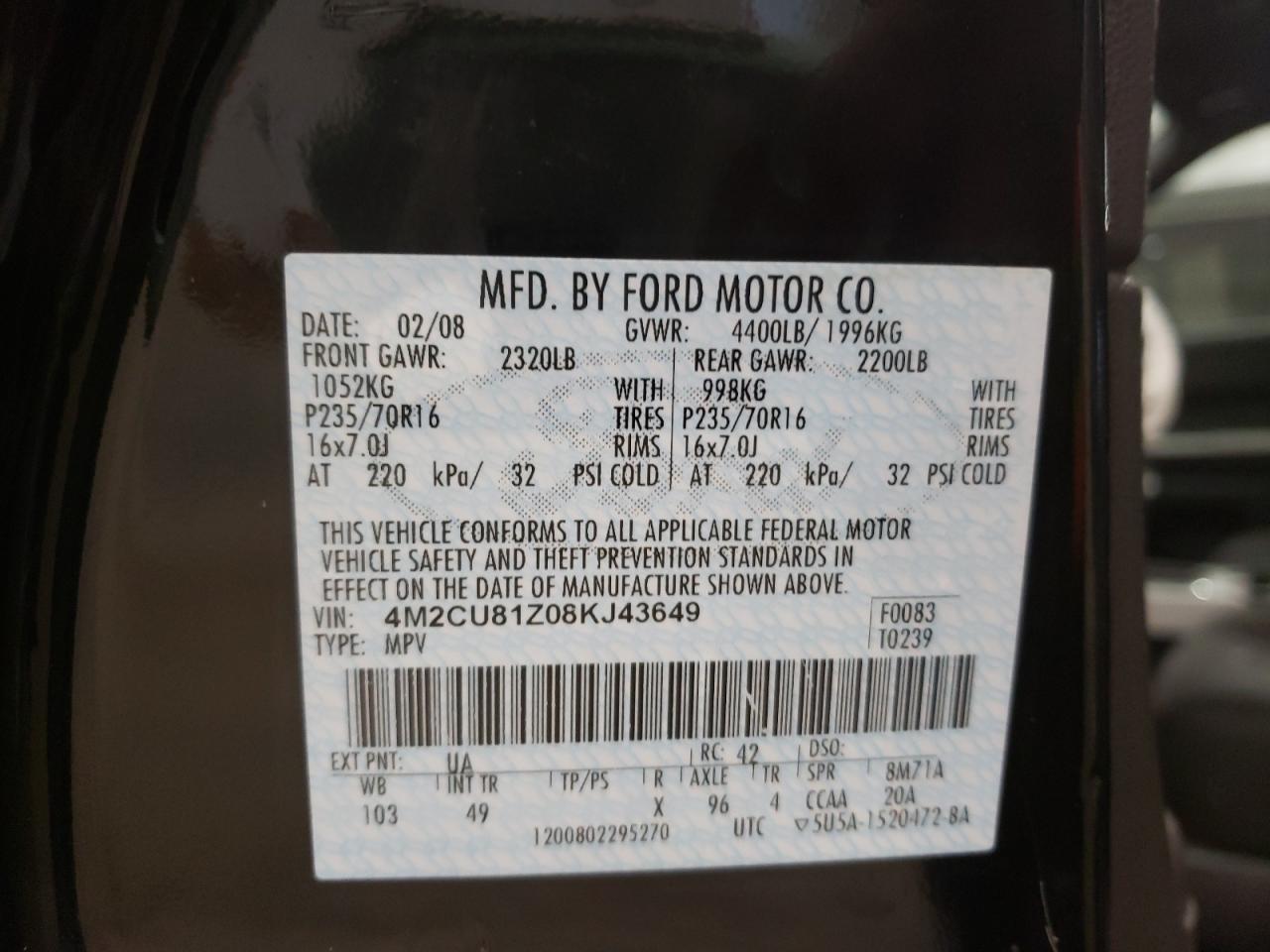 Photo 10 from auction – 2008 MERCURY MARINER with VIN 4M2CU81Z08KJ43649