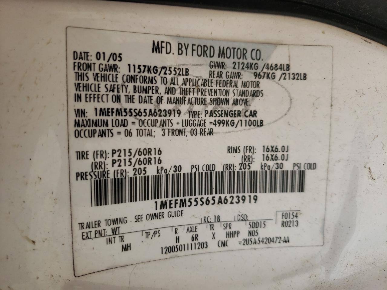 Photo 10 from auction – 2005 MERCURY SABLE LS P with VIN 1MEFM55S65A623919