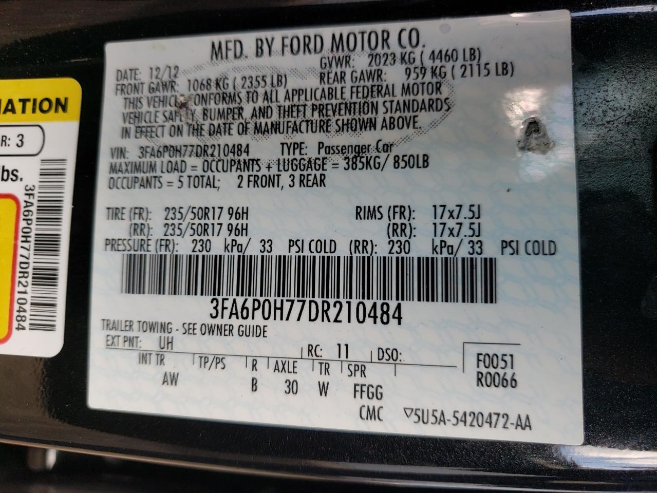 Photo 10 from auction – 2013 FORD FUSION SE with VIN 3FA6P0H77DR210484