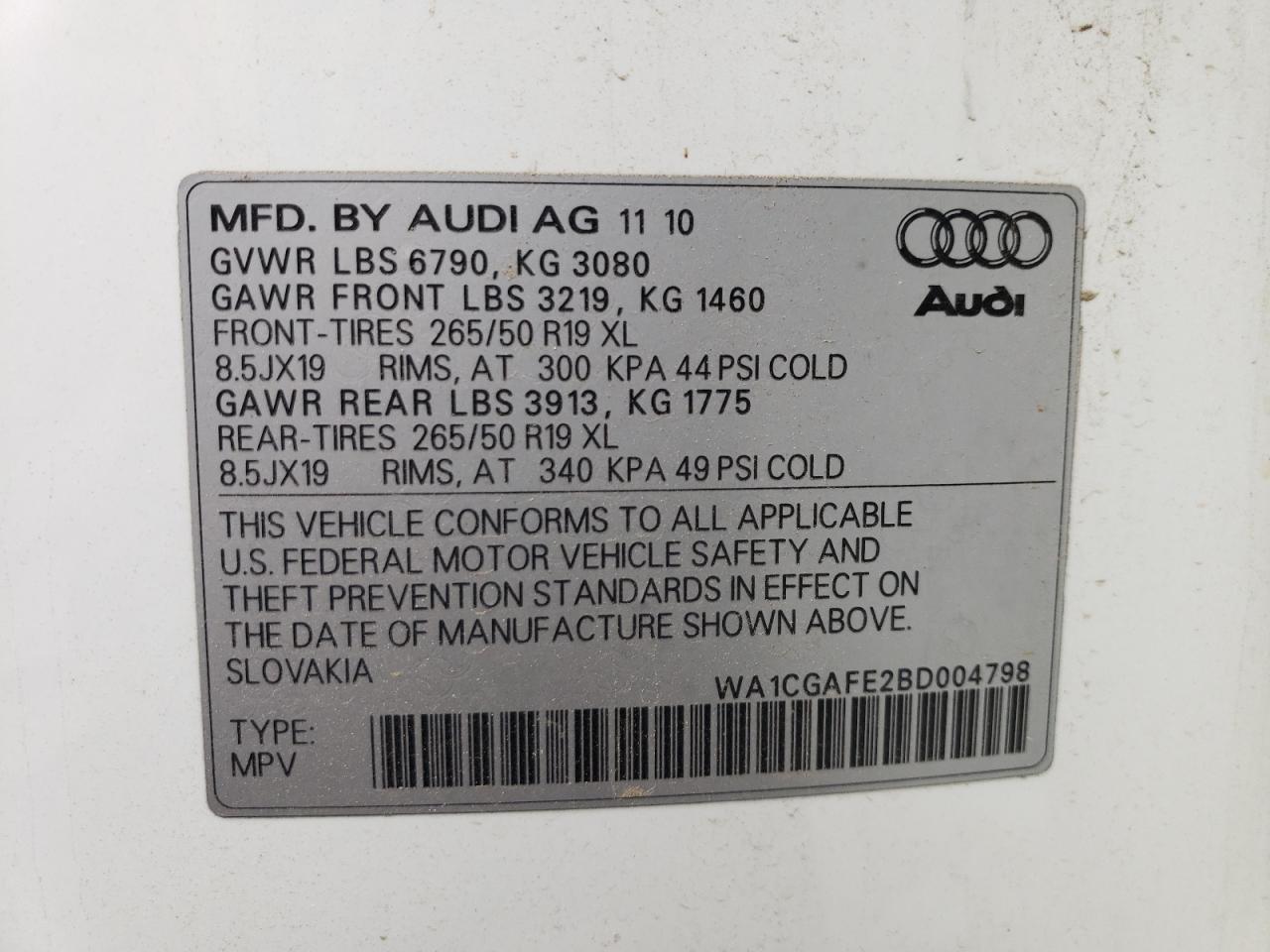 Photo 10 from auction – 2011 AUDI Q7 PREMIUM with VIN WA1CGAFE2BD004798