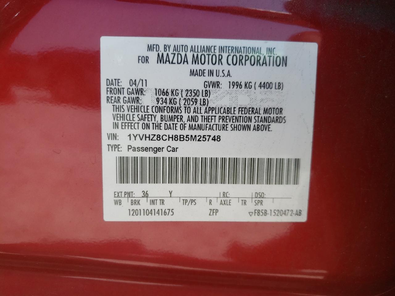 Photo 10 from auction – 2011 MAZDA 6 I with VIN 1YVHZ8CH8B5M25748