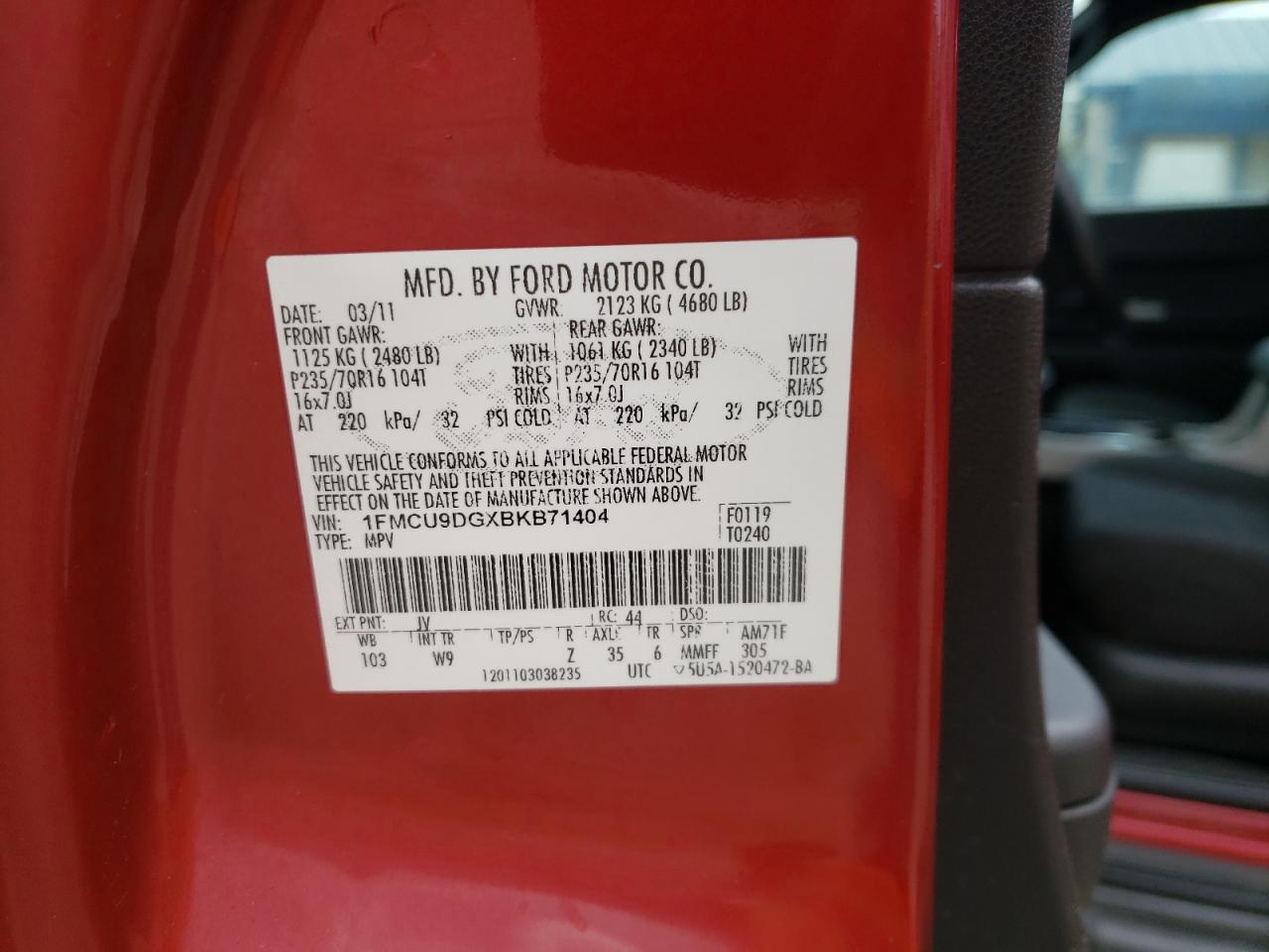 Photo 10 from auction – 2011 FORD ESCAPE XLT with VIN 1FMCU9DGXBKB71404
