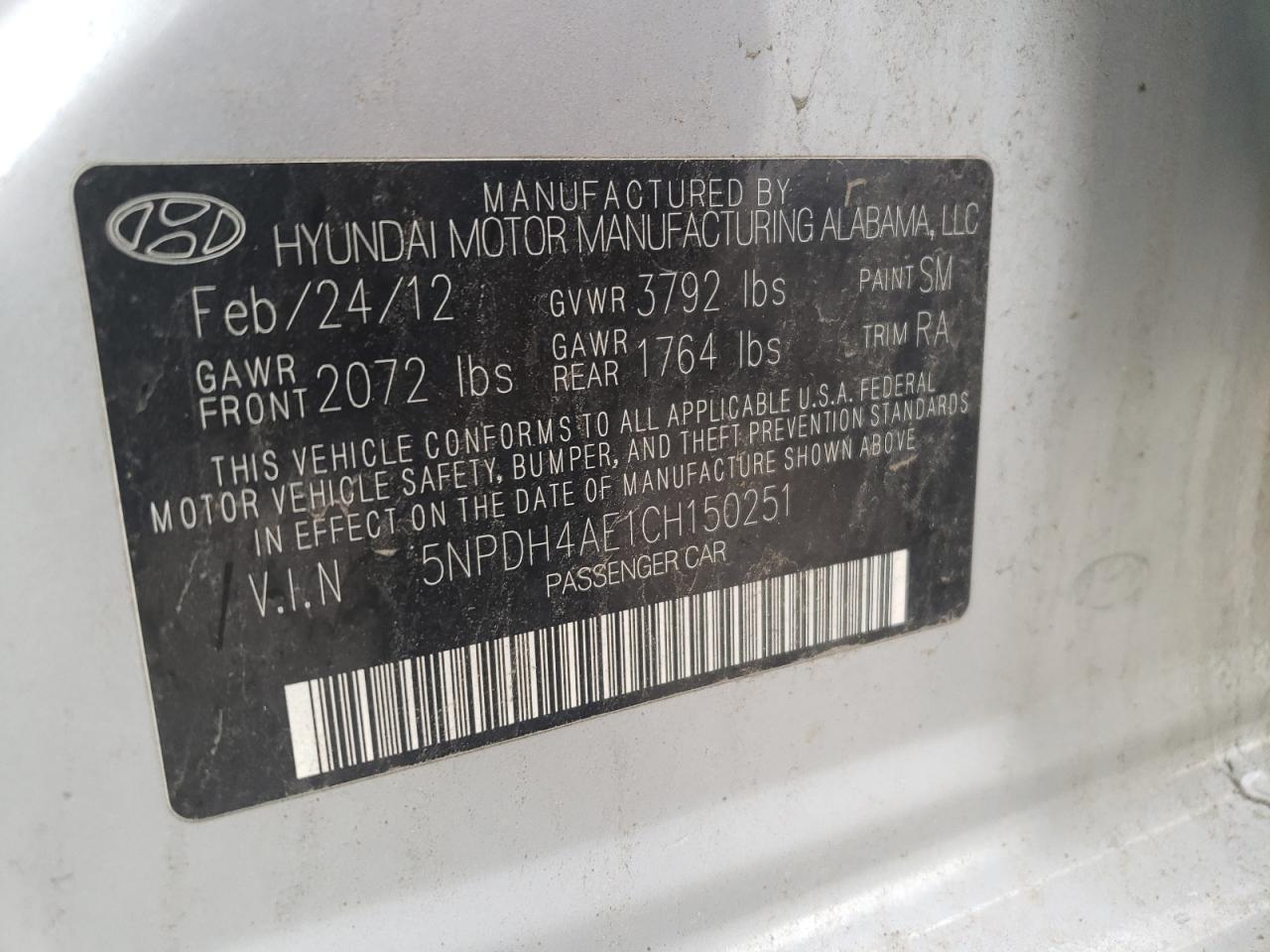 Photo 10 from auction – 2012 HYUNDAI ELANTRA GL with VIN 5NPDH4AE1CH150251