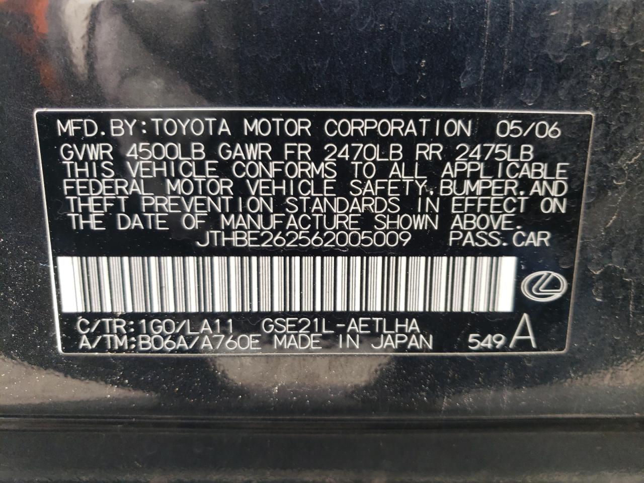 Photo 10 from auction – 2006 LEXUS IS 350 with VIN JTHBE262562005009