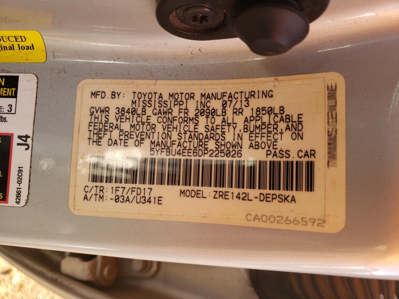 Photo 10 from auction – 2013 TOYOTA COROLLA BA with VIN 5YFBU4EE6DP225026