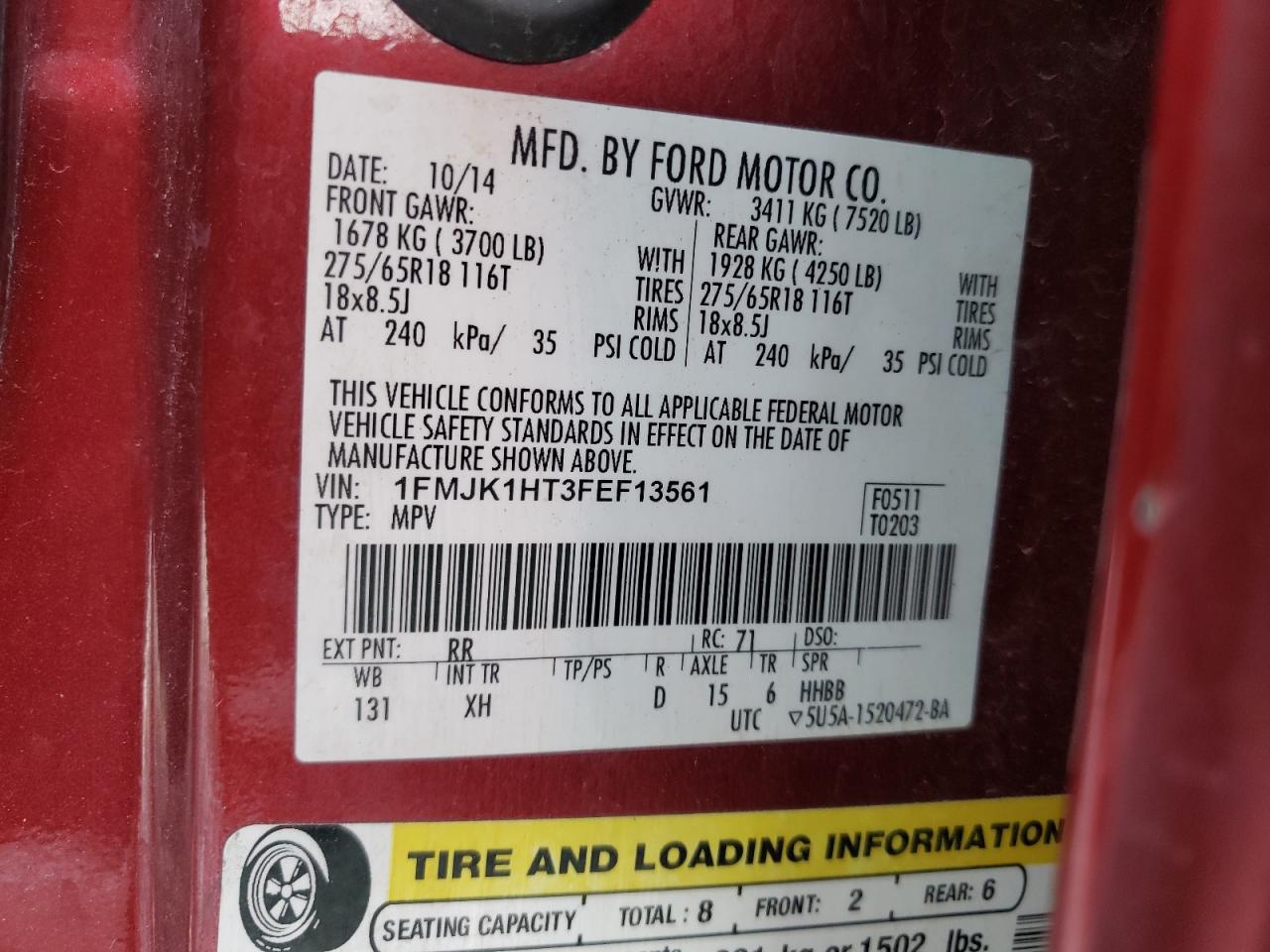 Photo 10 from auction – 2015 FORD EXPEDITION with VIN 1FMJK1HT3FEF13561