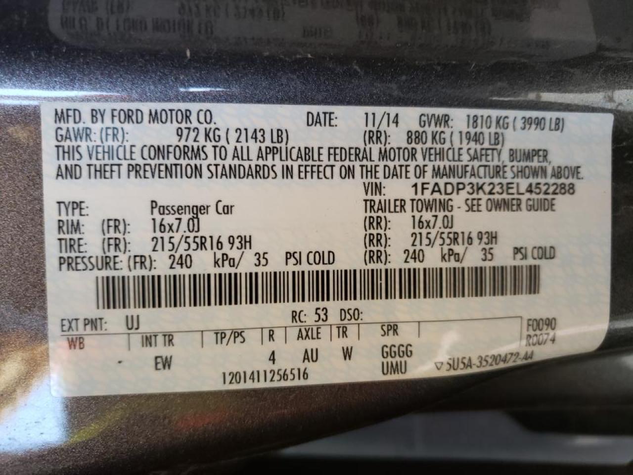 Photo 10 from auction – 2014 FORD FOCUS with VIN 1FADP3K23EL452288