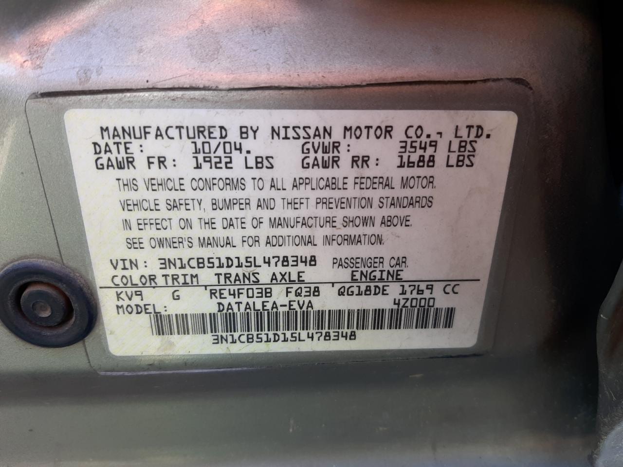 Photo 10 from auction – 2005 NISSAN SENTRA with VIN 3N1CB51D15L478348