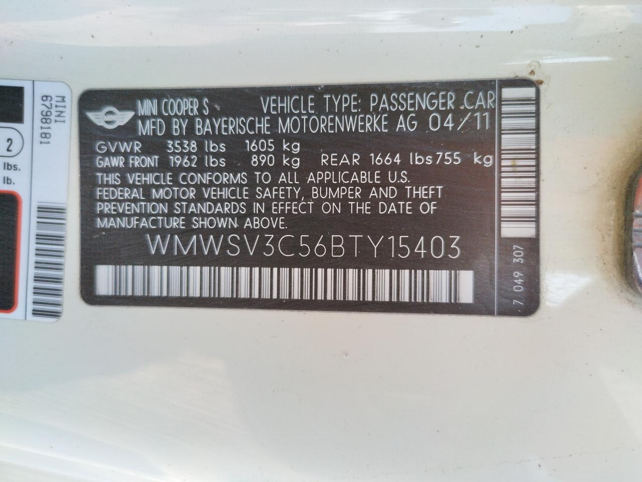 Photo 10 from auction – 2011 MINI COOPER S with VIN WMWSV3C56BTY15403
