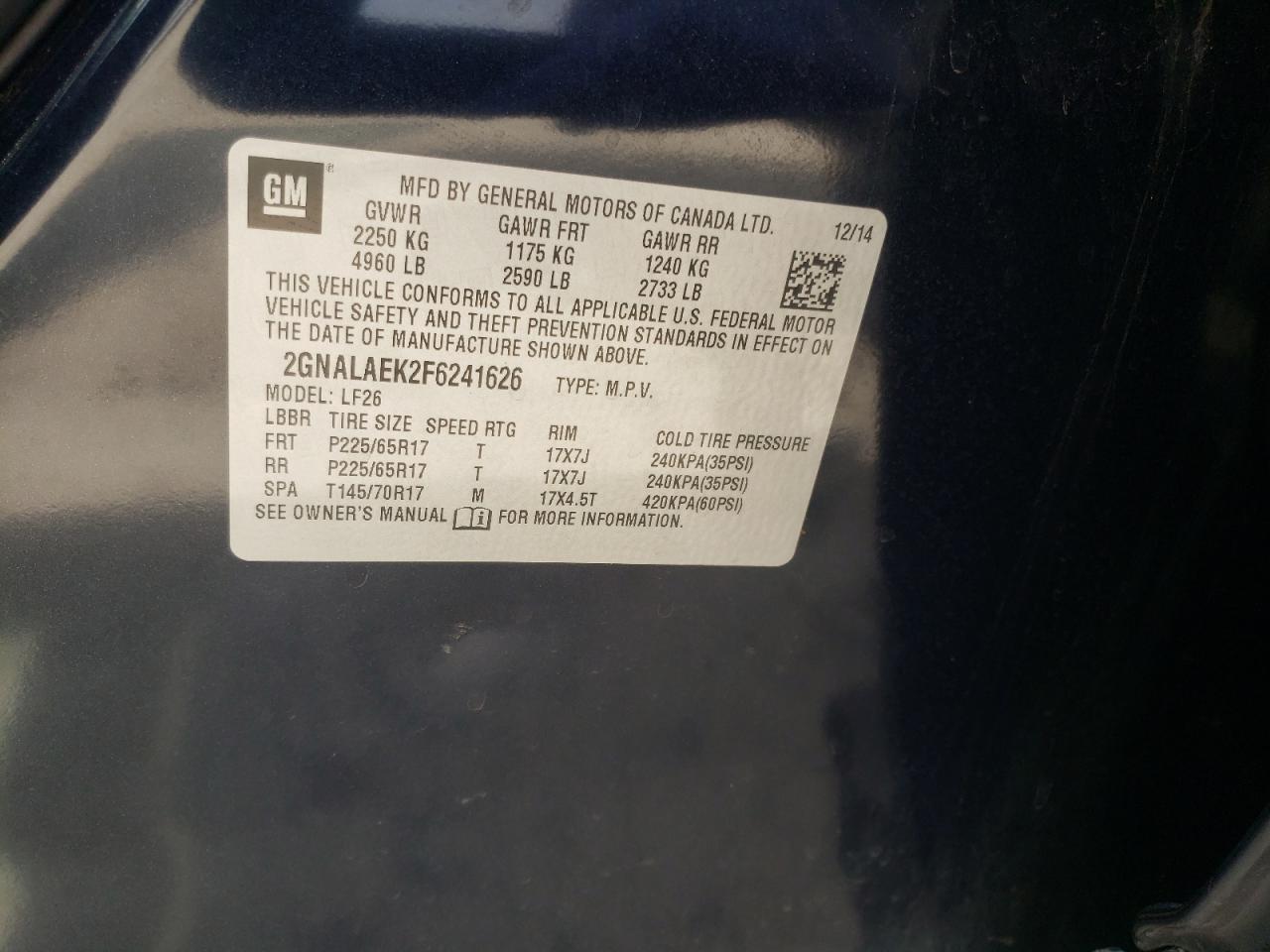 Photo 10 from auction – 2015 CHEVROLET EQUINOX LS with VIN 2GNALAEK2F6241626