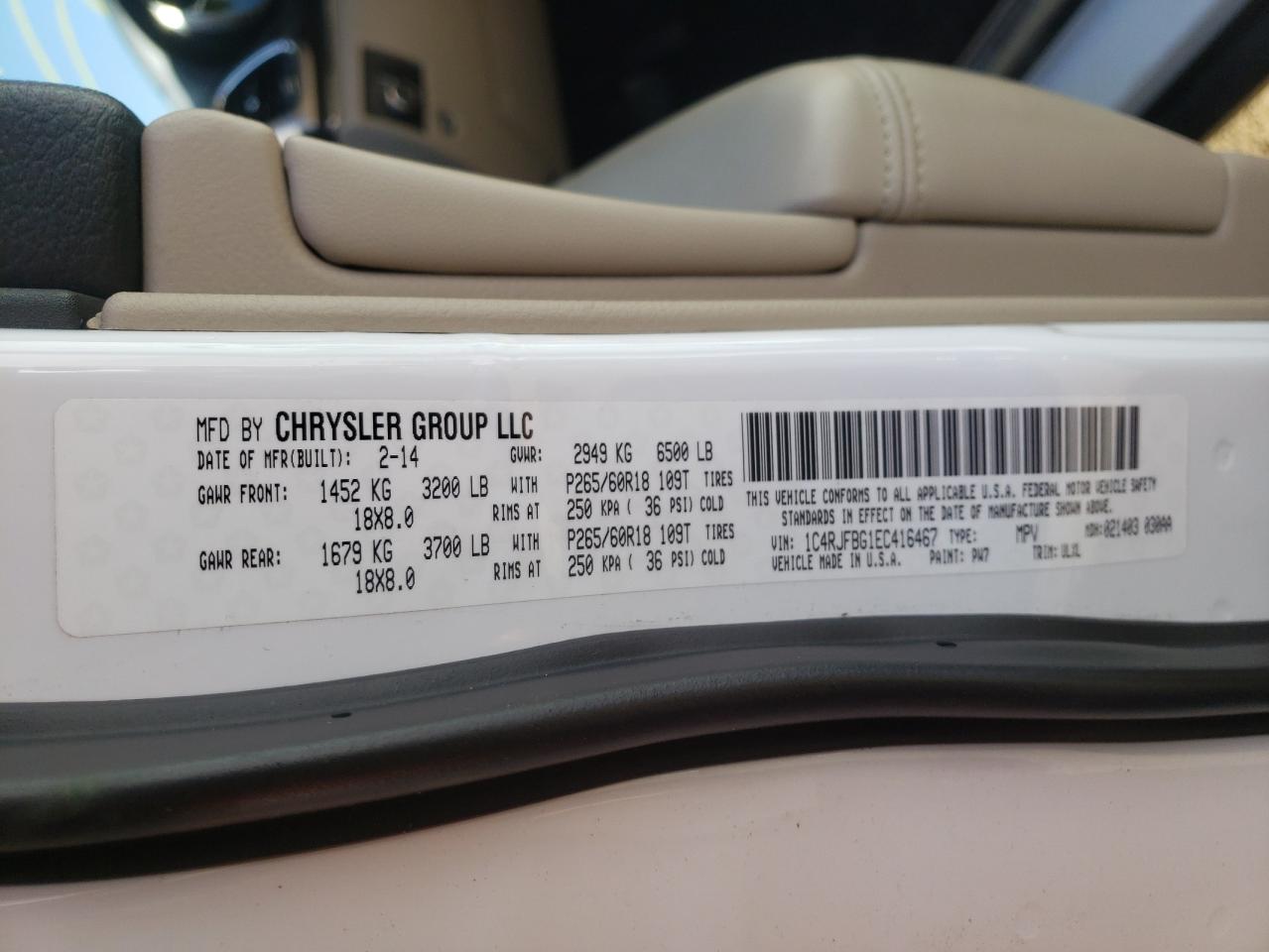 Photo 10 from auction – 2014 JEEP GRAND CHER with VIN 1C4RJFBG1EC416467
